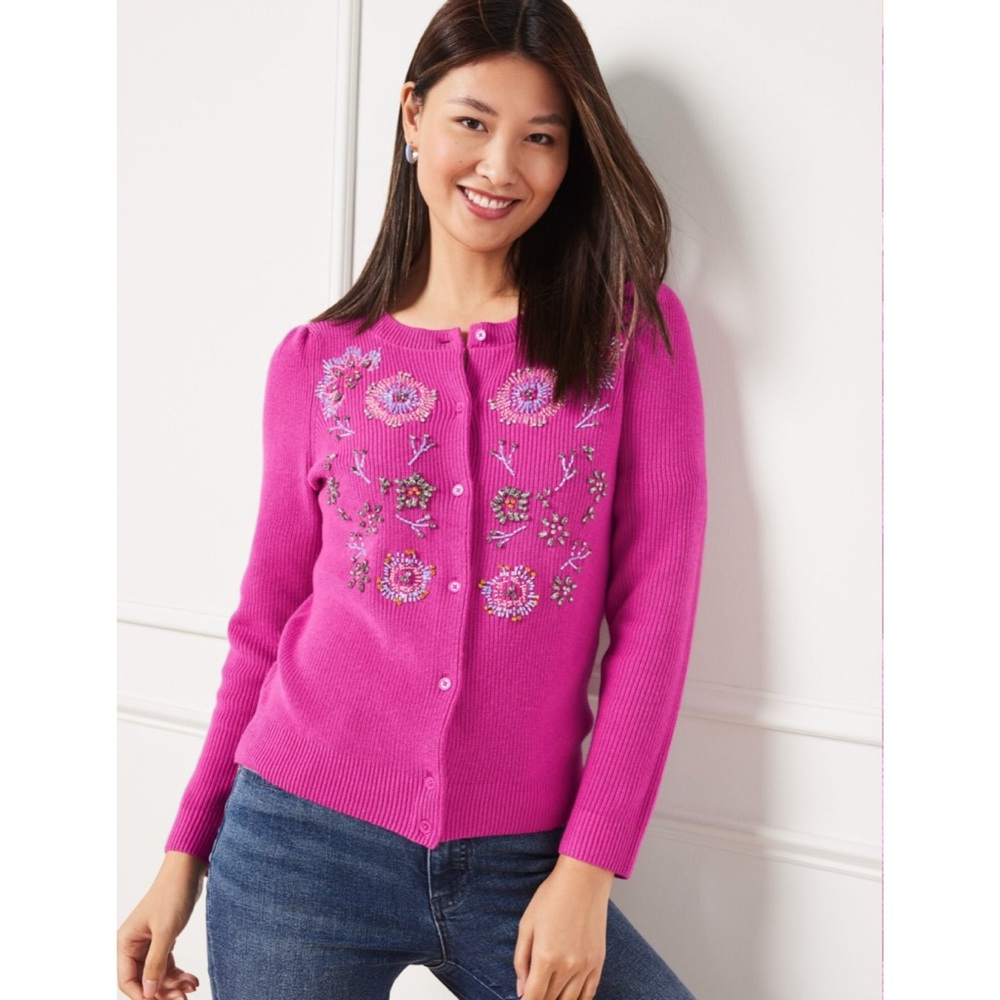 Talbots Petite Magenta Ribbed Floral Embellished Cardigan, Small
